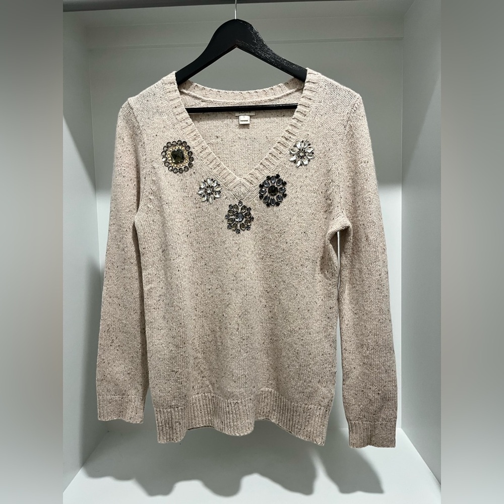 Vintage Jewel Embellished J. Crew Oatmeal Wool Blend V-neck sweater size Small